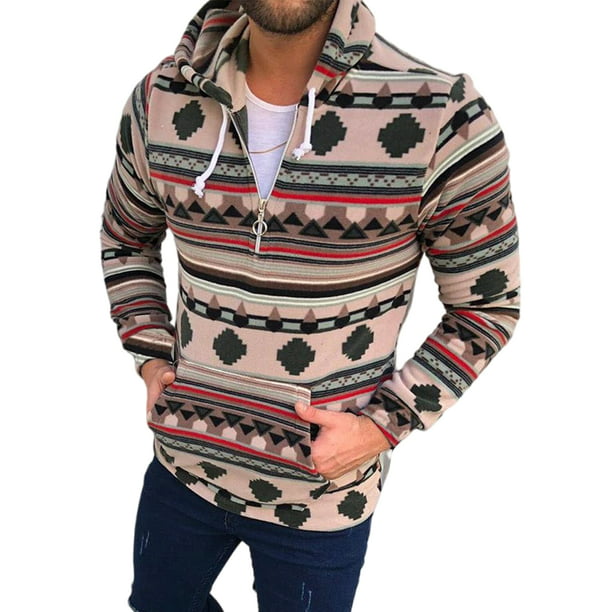 Mens Stylish Hoodie Geometric Print Color Block Long Sleeve Kangaroo Pocket Pullover Sweatshirt 
